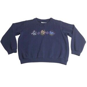 Vintage Cabin Creek Sweater Women Petite L Blue Floral Embroidered Granny Preppy